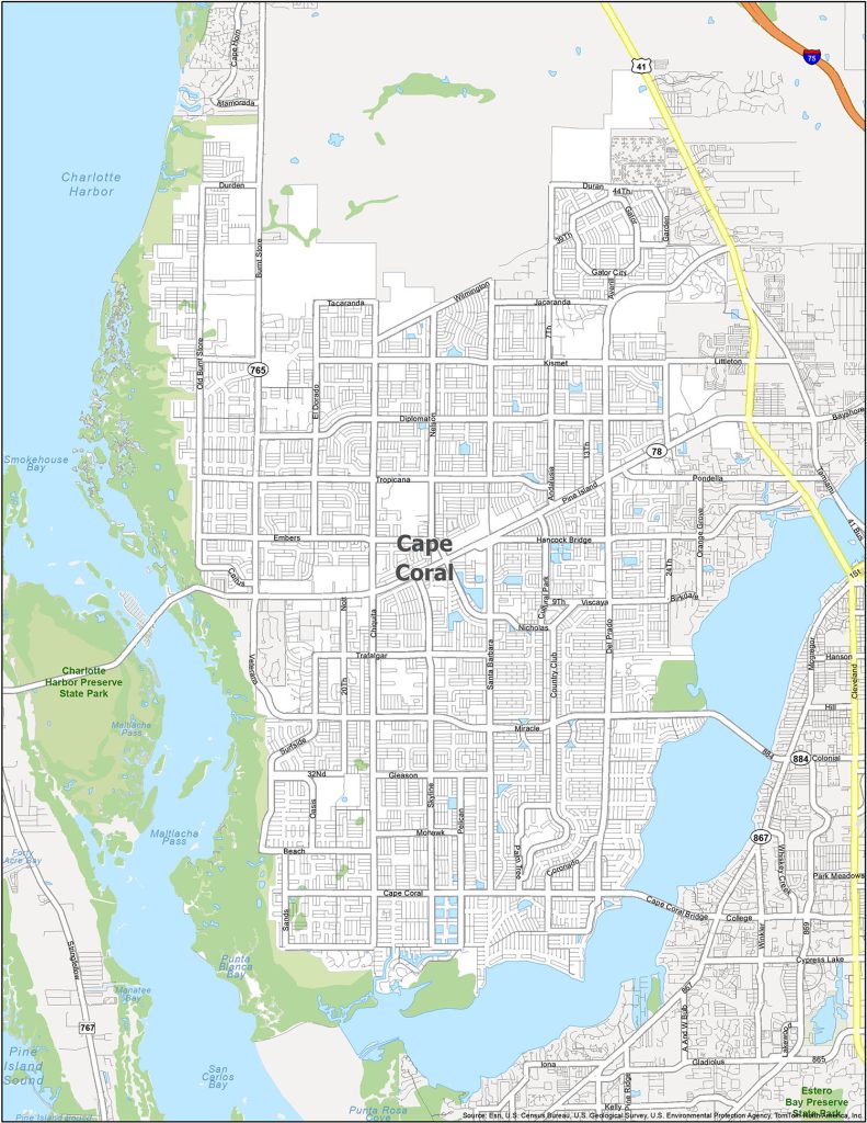 Cape Coral geographical map highlighting locations of CNA classes and training centers.