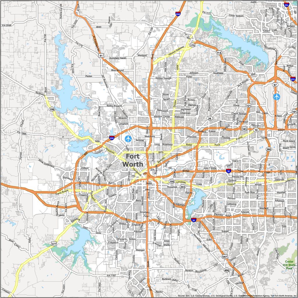 Map highlighting CNA training centers in Fort Worth, Texas.